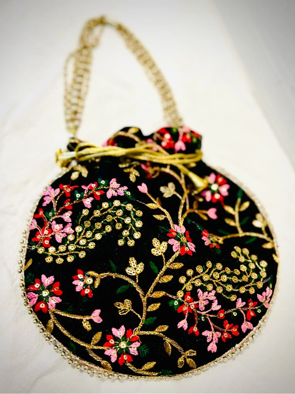 Embroidered Black Floral Design Beaded Potli Bag Prom Wedding Guest Purse